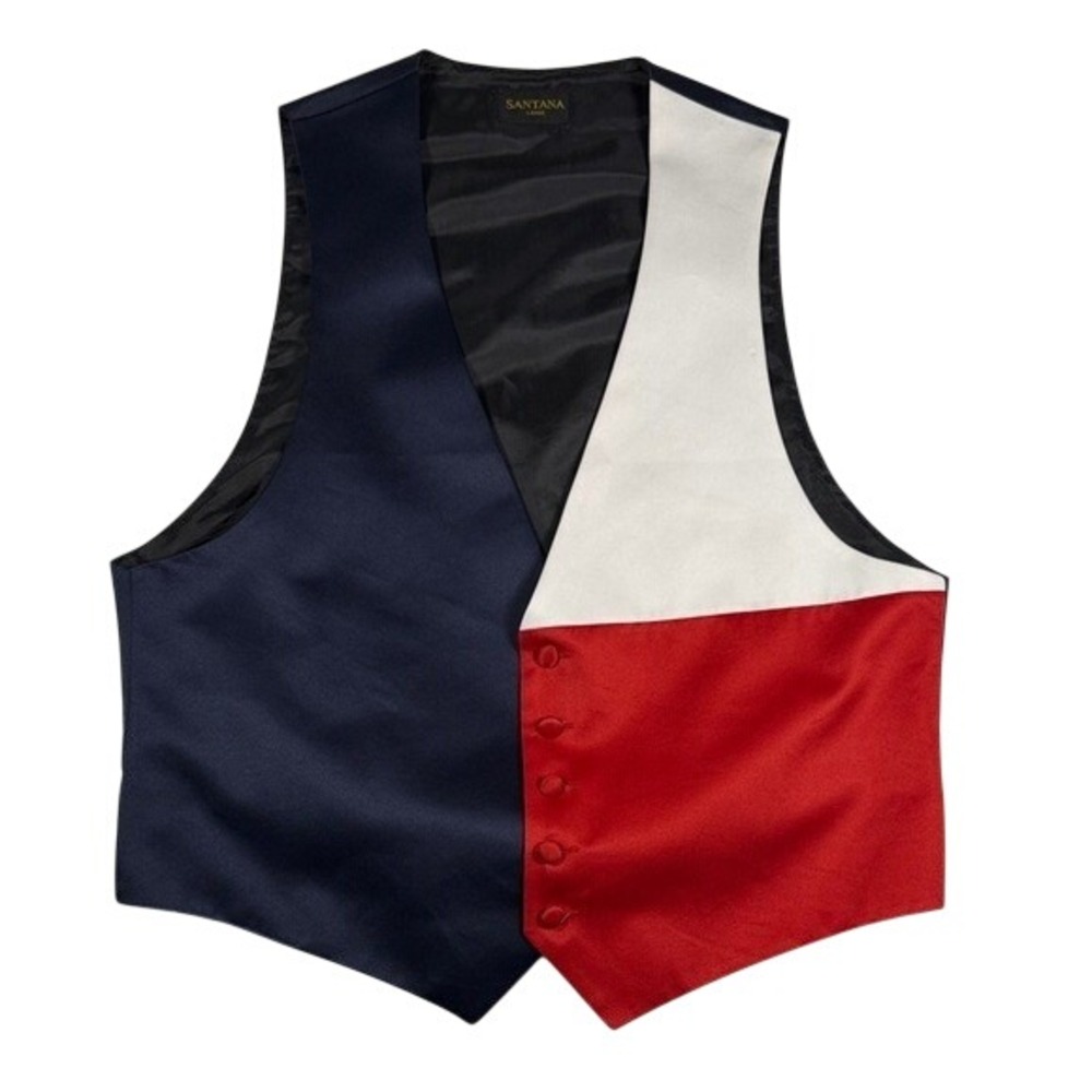 Santana Men Colorblock Formal Vest Navy White Red Satin V-Neck Large Made in USA